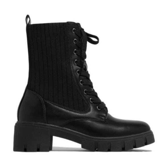 Black Knit Shaft Lace Up Combat Boots - Picture 2 of 4